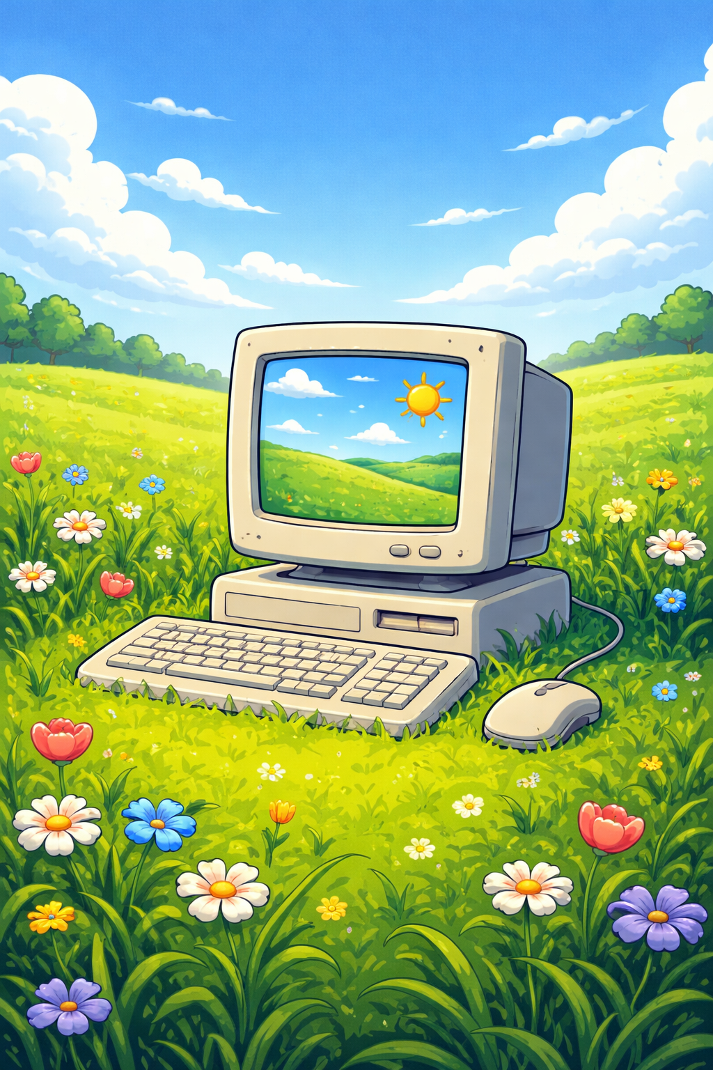 Vintage computer i en solrig eng med blomster